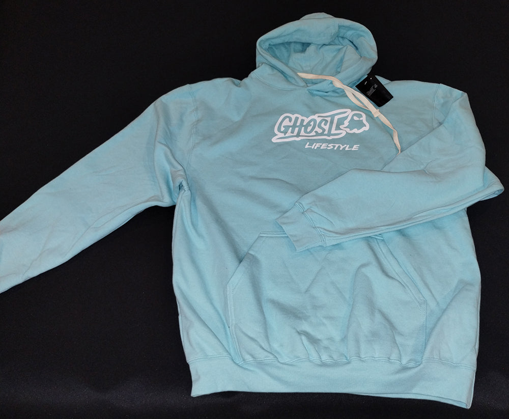 GHOST LIFESTYLE Limited Edition Ghost Lifestyle Hoodie Mens Large Light Blue Sweatshirt Sportiqe Gym Drink Training GhostX Sportique