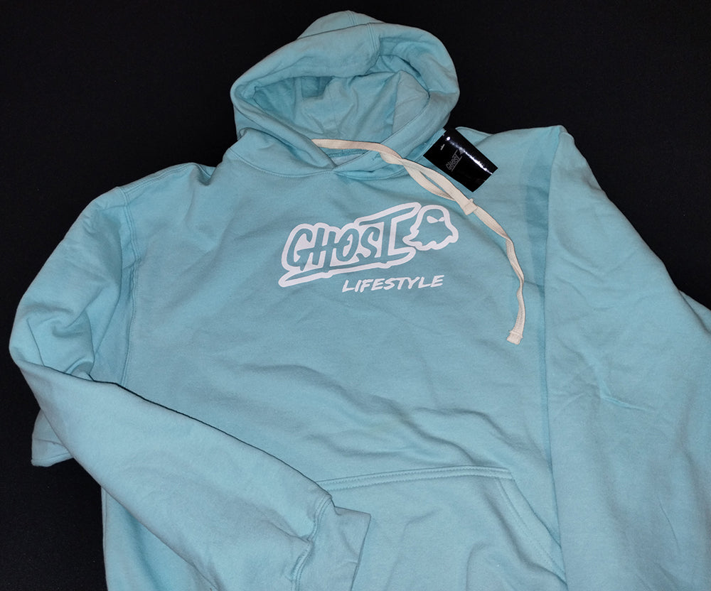 GHOST LIFESTYLE Limited Edition Ghost Lifestyle Hoodie Mens Large Light Blue Sweatshirt Sportiqe Gym Drink Training GhostX Sportique