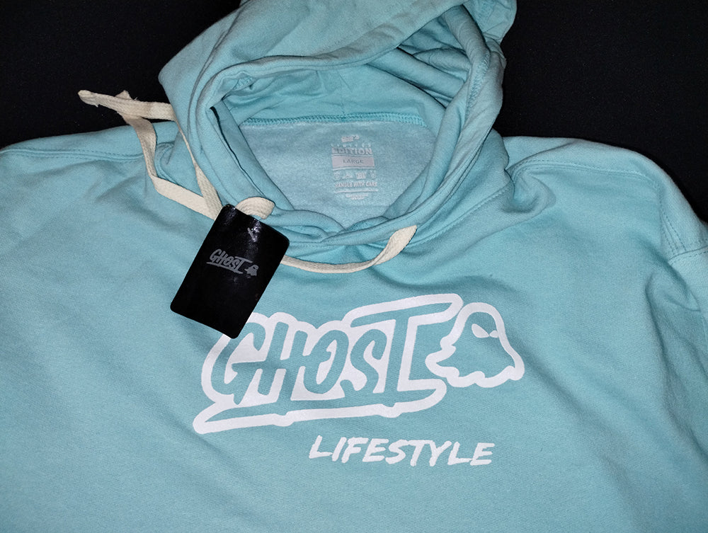 GHOST LIFESTYLE Limited Edition Ghost Lifestyle Hoodie Mens Large Light Blue Sweatshirt Sportiqe Gym Drink Training GhostX Sportique