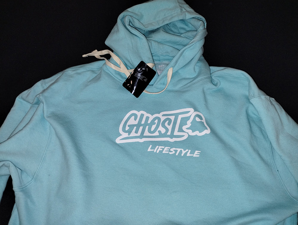 GHOST LIFESTYLE Limited Edition Ghost Lifestyle Hoodie Mens Large Light Blue Sweatshirt Sportiqe Gym Drink Training GhostX Sportique