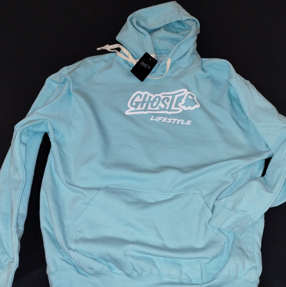 GHOST LIFESTYLE Limited Edition Ghost Lifestyle Hoodie Mens Large Light Blue Sweatshirt Sportiqe Gym Drink Training GhostX Sportique