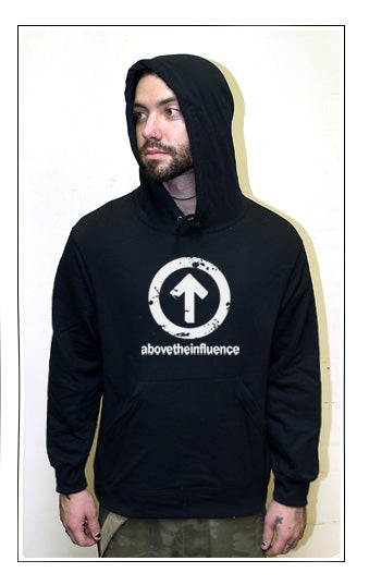 ABOVE THE INFLUENCE FRONT TEXT drug free edge BW HOODIE