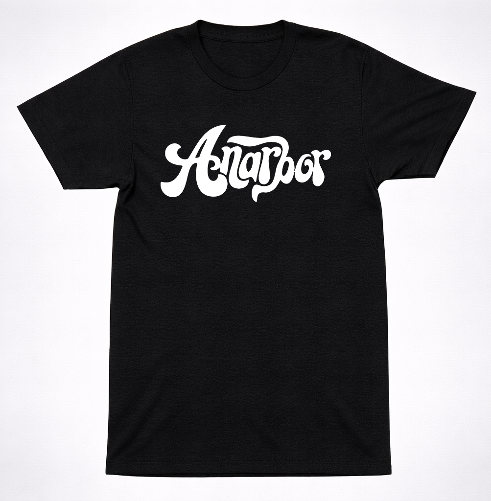 Anarbor Script Logo Shirt White Text Minimal Band Graphic Black Emo T-Shirt