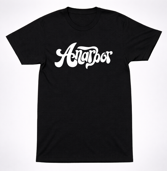 Anarbor Script Logo Shirt White Text Minimal Band Graphic Black Emo T-Shirt