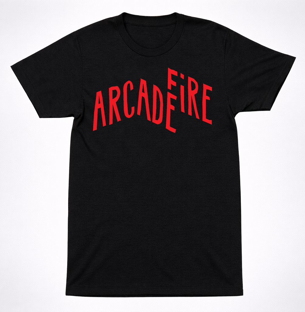 Arcade Fire Arched Red Text Logo Shirt Indie Rock Band Graphic Black Tee