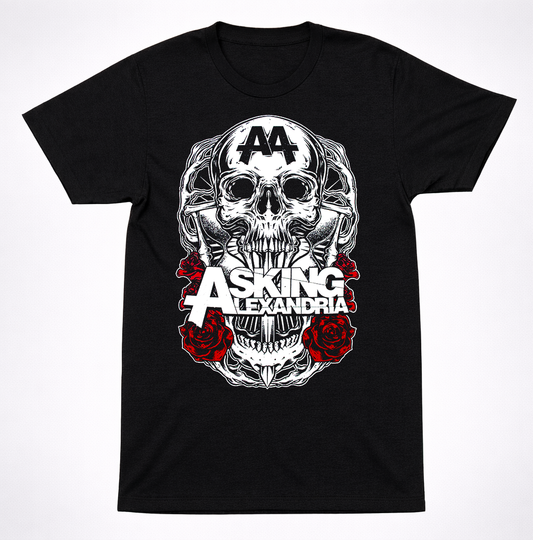 Asking Alexandria AA Skull Skeleton Rose T-Shirt – Metal Metalcore Band Tee