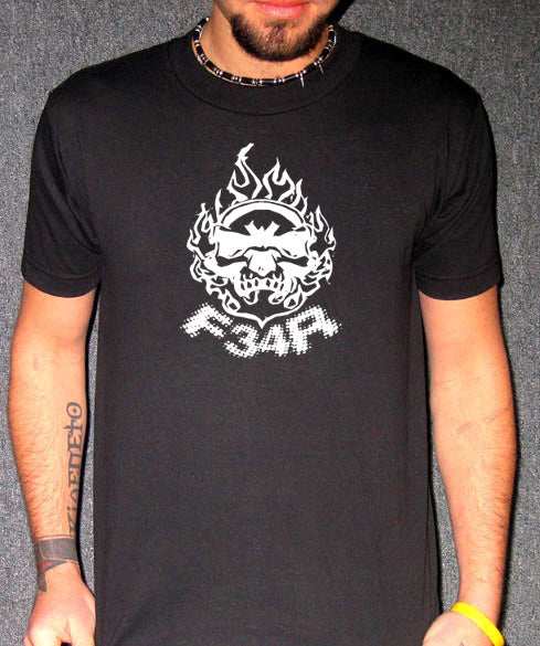 F34R FEAR skull flame lol nerd geek slang brb BW SHIRT