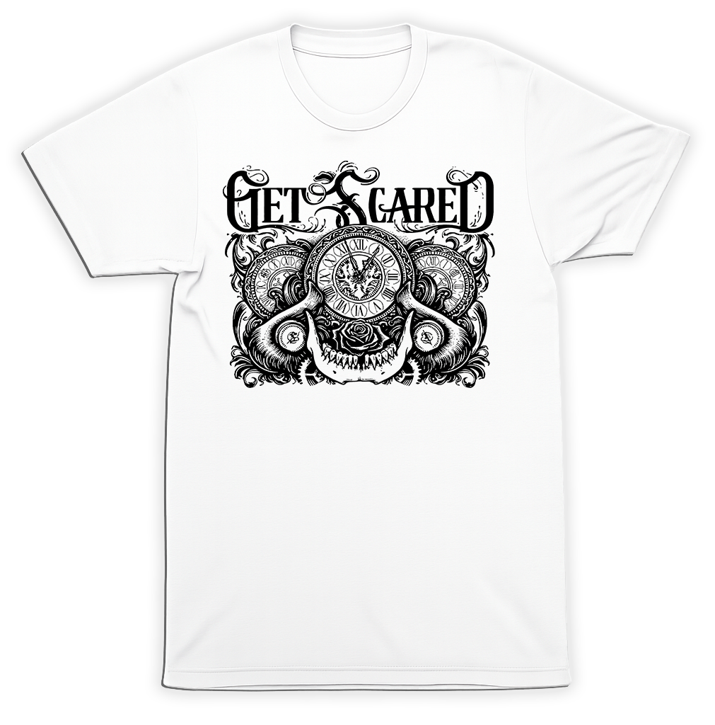 Get Scared Gothic Horror T-Shirt | Dark Skull Clock Post-Hardcore Band Tee