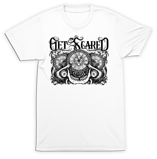 Get Scared Gothic Horror T-Shirt | Dark Skull Clock Post-Hardcore Band Tee