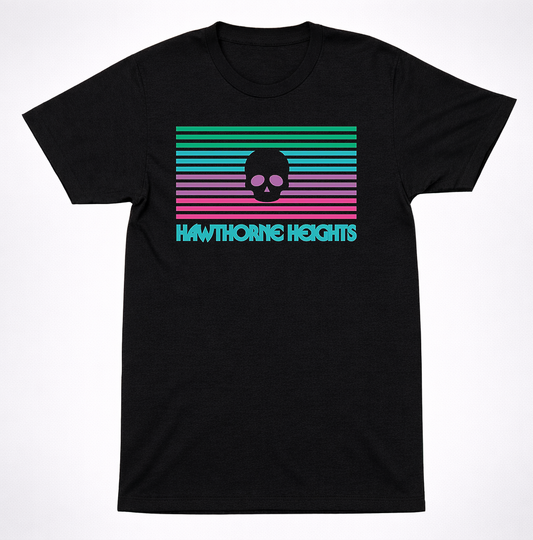 Hawthorne Heights Retro Skull Stripe T Shirt Emo Post Hardcore Band Tee Black