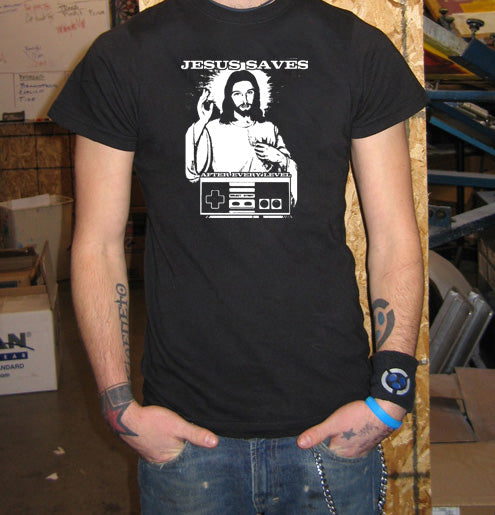 JESUS SAVES christian nintendo video game BW SHIRT