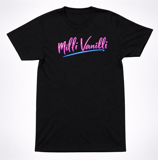Milli Vanilli Neon Script Logo Shirt Classic Pop Dance Duo Graphic Shirt