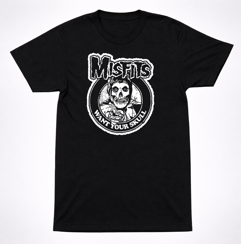 Misfits Want Your Skull Horror Punk Black T-Shirt Classic Skeleton Band Tee