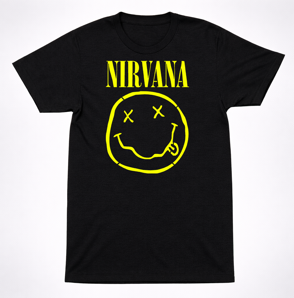 Nirvana Smiley Face Logo T-Shirt Yellow Graphic Grunge Rock Band Tee