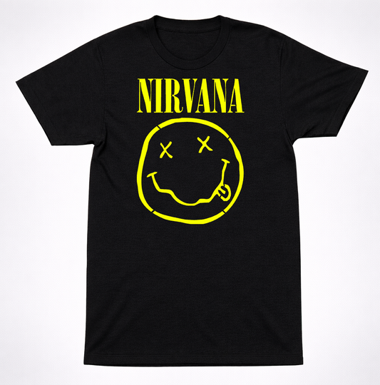Nirvana Smiley Face Logo T-Shirt Yellow Graphic Grunge Rock Band Tee