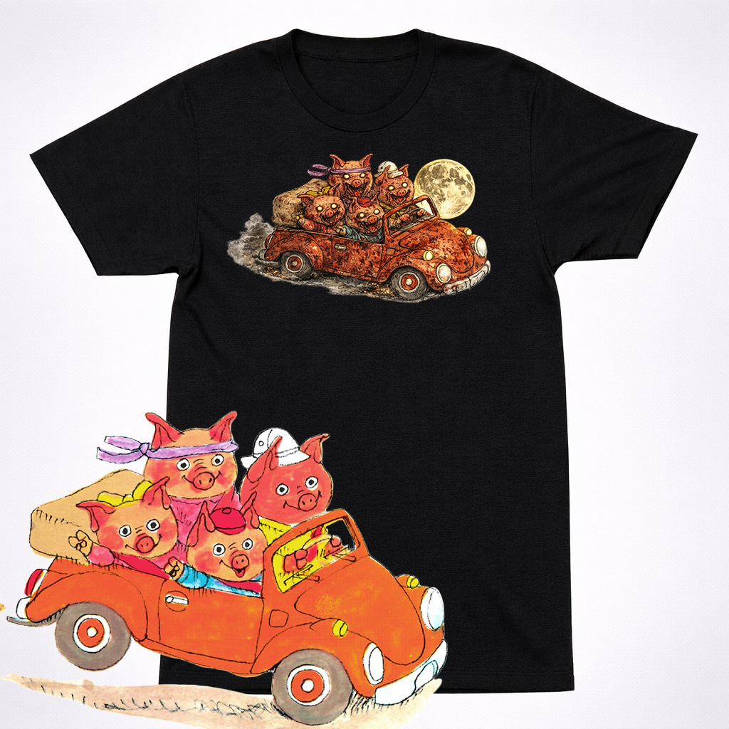 Horror Richard Scarry Pig Family Car Shirt Creepy Kids Book Cartoon Pig Tee