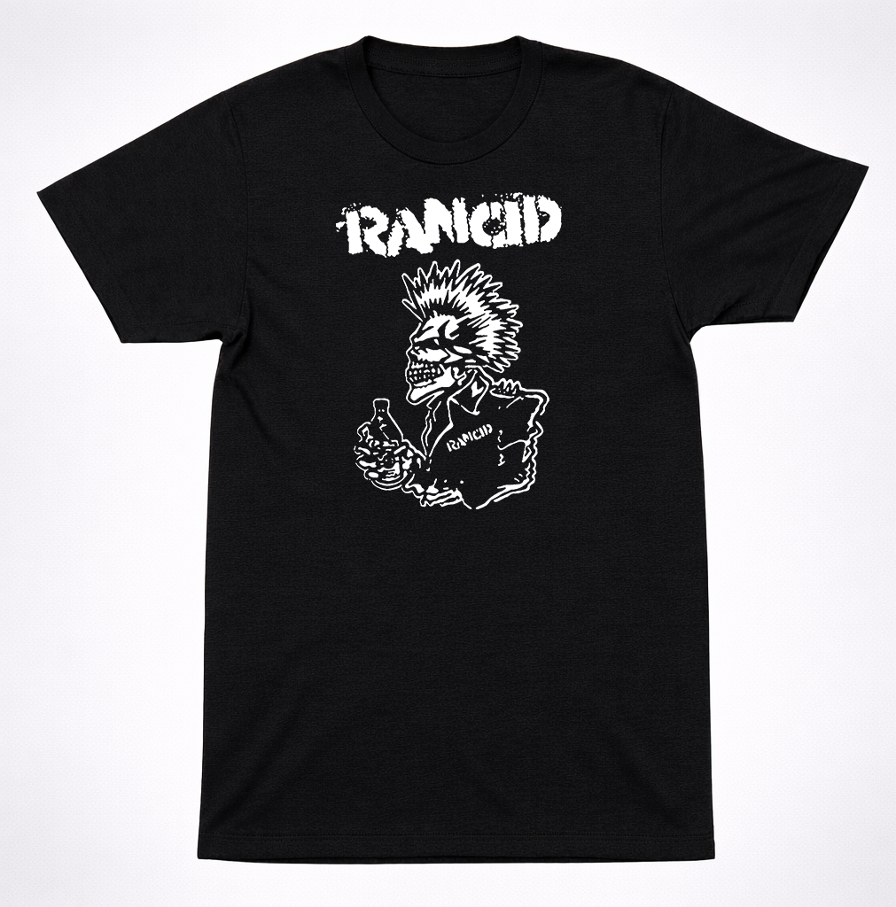 Rancid Skeleton Mohawk Beer Graphic Black T-Shirt Street Punk Band Tee