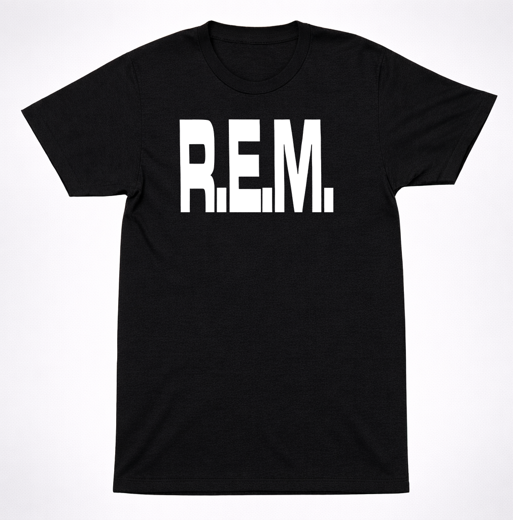R.E.M. Classic Block Logo Shirt Alternative Rock Vintage Minimal Black Tee