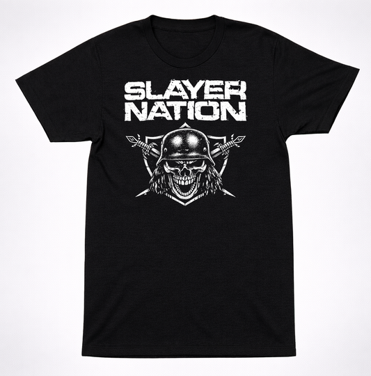 Slayer Nation Skull Helmet T-Shirt Thrash Metal Fan Distressed Black Tee